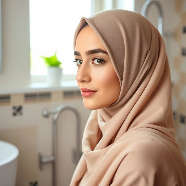 A beautiful young woman wearing a hijab, around 19 years old, in a bright and modern bathroom