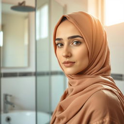 A beautiful young woman wearing a hijab, around 19 years old, in a bright and modern bathroom