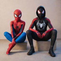 Shadow from Sonic the Hedgehog dressed as Spiderman from Miles Morales and Sonic the Hedgehog dressed as Spider Gwen sitting together in a friendly way.