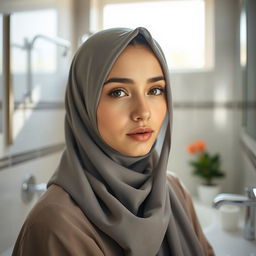 A beautiful young woman wearing a hijab, around 19 years old, in a bright and modern bathroom