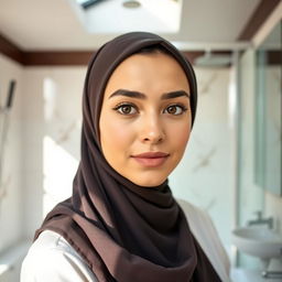 A beautiful young woman wearing a hijab, around 19 years old, in a bright and modern bathroom