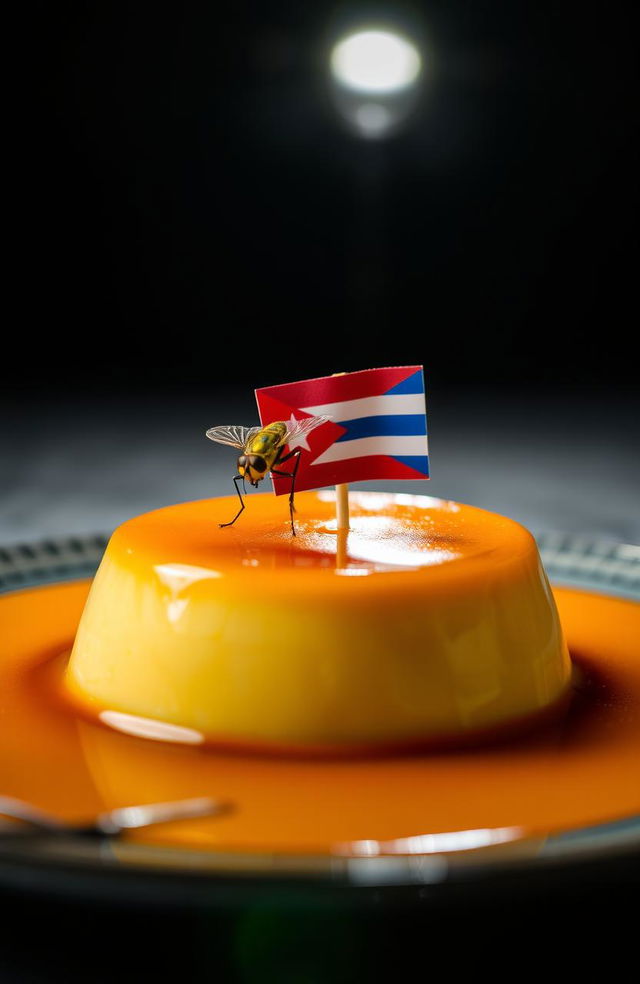 A delicious flan resting on a table, illuminated by a soft light