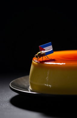 A delicious flan resting on a table, illuminated by a soft light