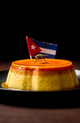 A delicious flan resting on a table, illuminated by a soft light