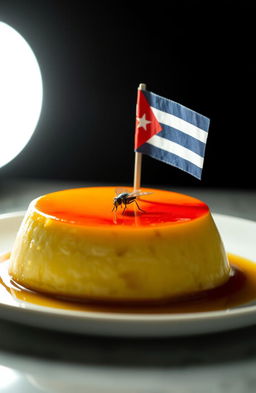 A delicious flan resting on a table, illuminated by a soft light