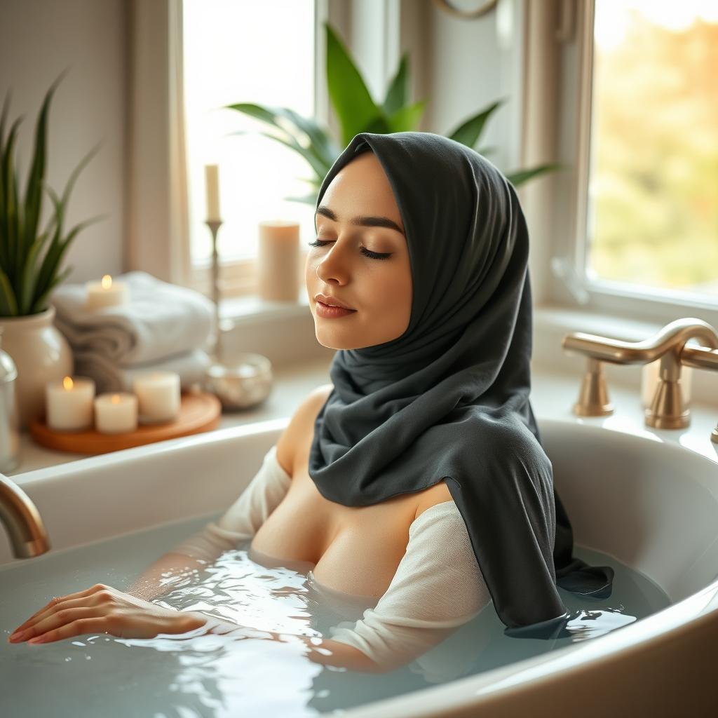 A beautiful young woman wearing a hijab, around 19 years old, enjoying a relaxing bath in a luxurious bathroom setting