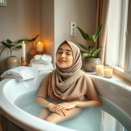 A beautiful young woman wearing a hijab, around 19 years old, enjoying a relaxing bath in a luxurious bathroom setting