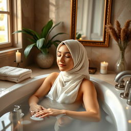 A beautiful young woman wearing a hijab, around 19 years old, enjoying a relaxing bath in a luxurious bathroom setting