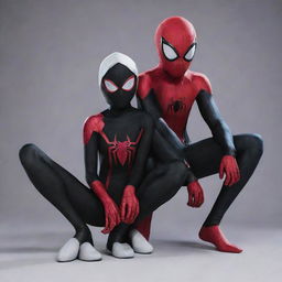 Shadow from Sonic the Hedgehog dressed as Spiderman from Miles Morales and Sonic the Hedgehog dressed as Spider Gwen sitting together in a friendly way.