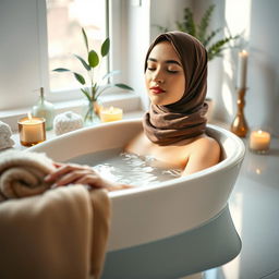 A beautiful young woman wearing a hijab, around 19 years old, enjoying a relaxing bath in a luxurious bathroom setting