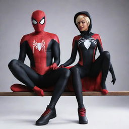 Shadow from Sonic the Hedgehog dressed as Spiderman from Miles Morales and Sonic the Hedgehog dressed as Spider Gwen sitting together in a friendly way.