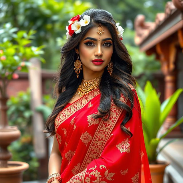 A beautiful Indian Hindu woman wearing a stunning red saree that drapes elegantly around her