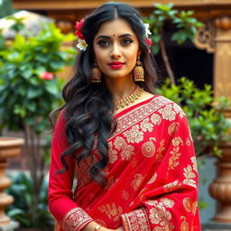 A beautiful Indian Hindu woman wearing a stunning red saree that drapes elegantly around her