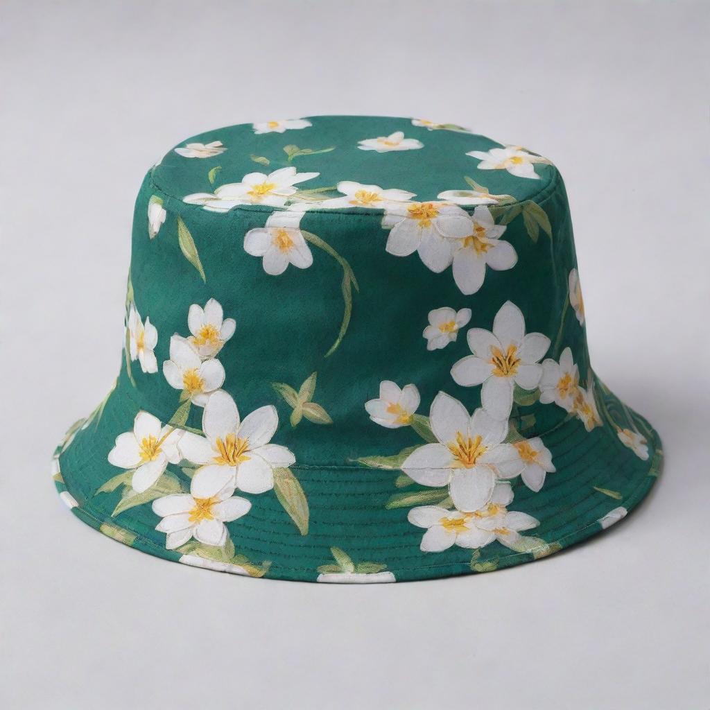 Modify the second image of a bucket hat design by adding a tasteful amount of iconic Balinese Jasmine flowers