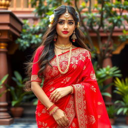 A beautiful Indian Hindu woman wearing a stunning red saree that drapes elegantly around her