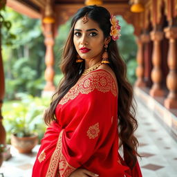 A beautiful Indian Hindu woman wearing a stunning red saree that drapes elegantly around her