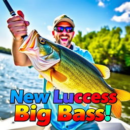 A dynamic scene capturing a fisherman in an excited pose, holding a fishing rod with a large bass firmly on the hook