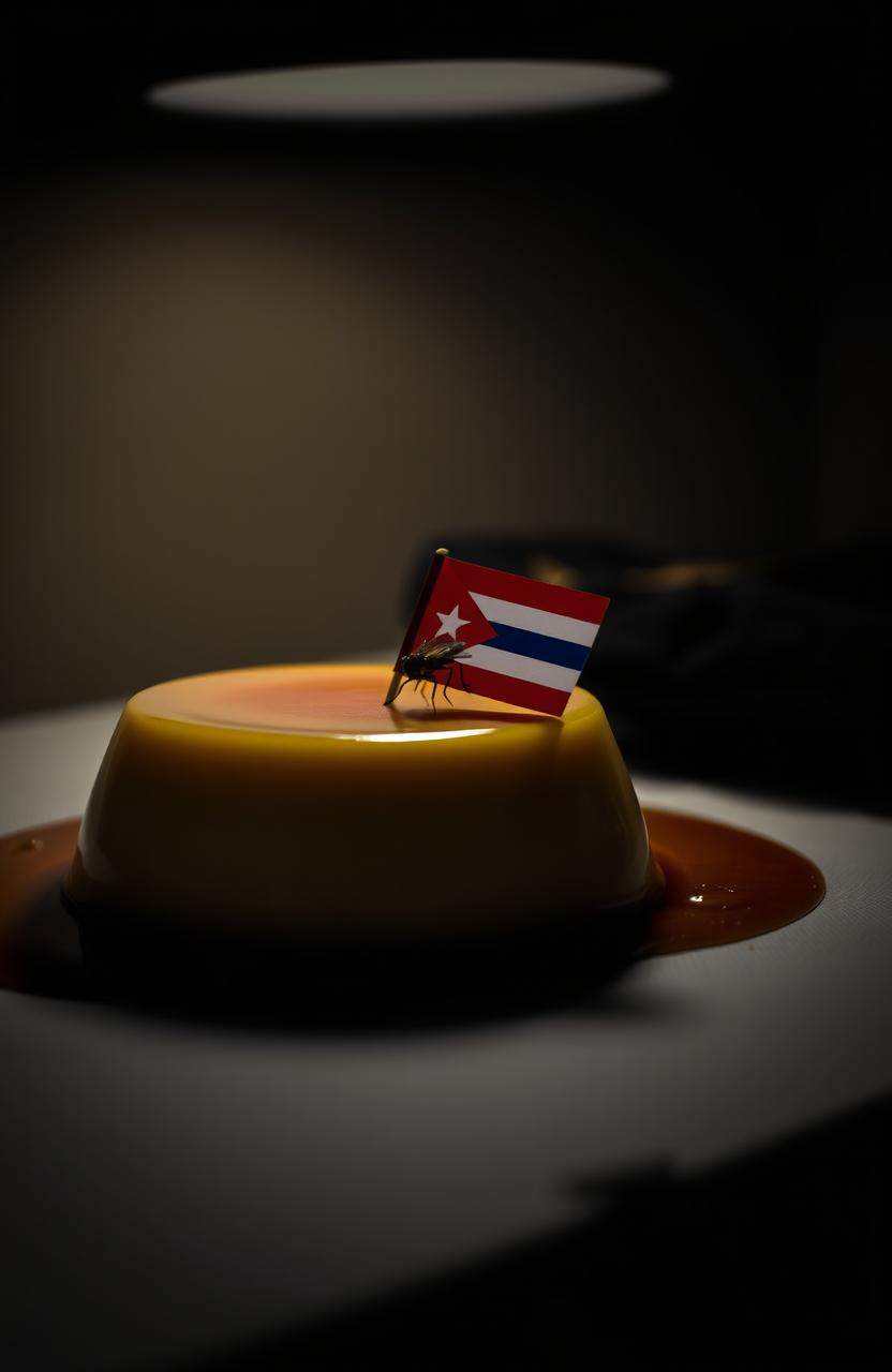 A delicious flan resting on a table, illuminated by a soft overhead light