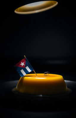 A delicious flan resting on a table, illuminated by a soft overhead light