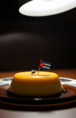 A delicious flan resting on a table, illuminated by a soft overhead light