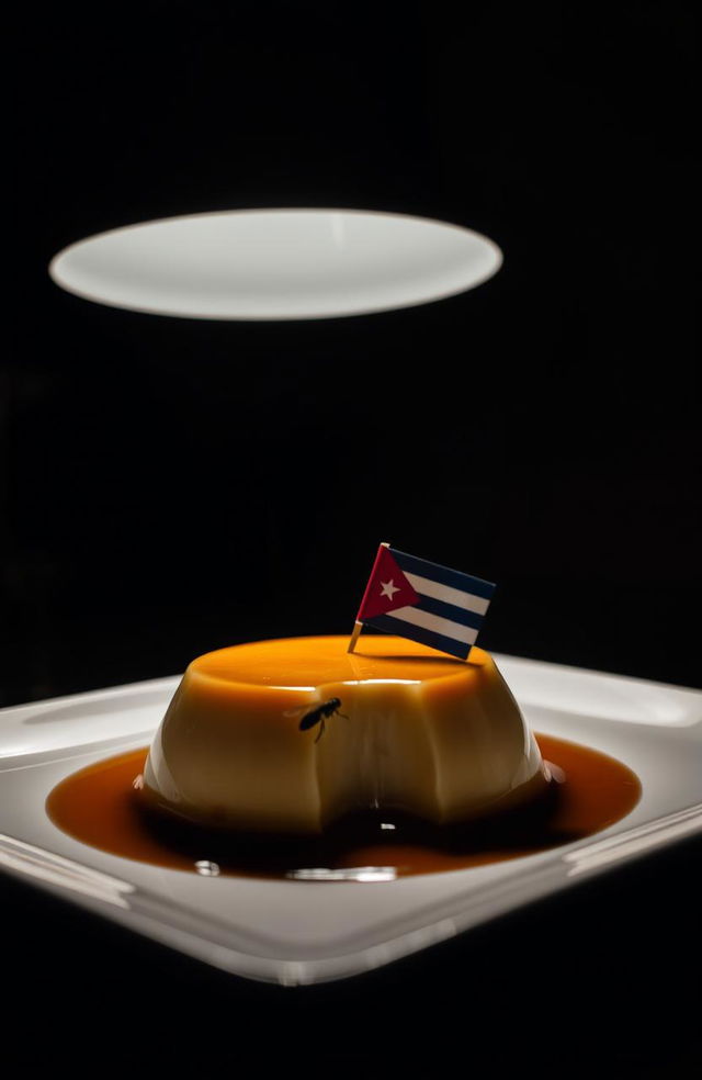 A delicious flan resting on a table, illuminated by a soft overhead light