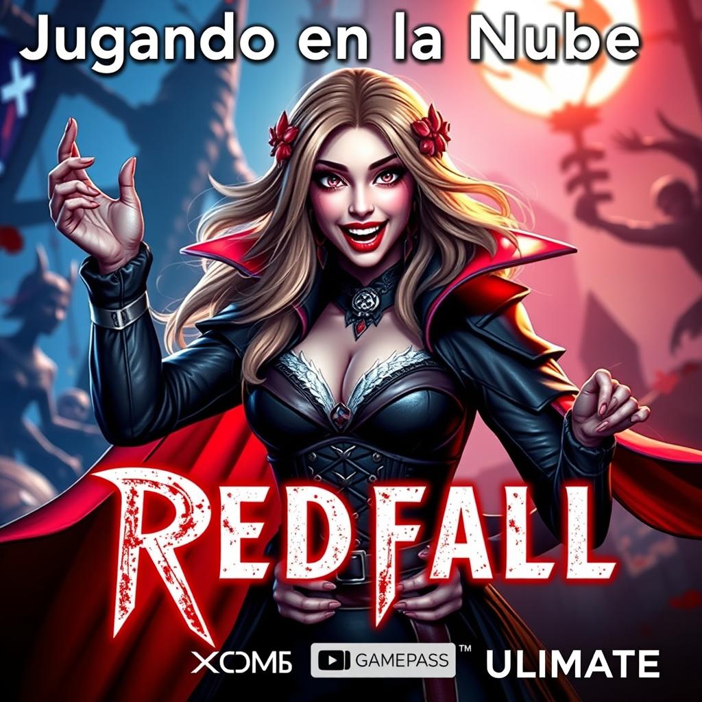 A vibrant and eye-catching YouTube thumbnail for a video titled "Jugando en la Nube: Redfall | Gameplay | Xbox Cloud Gaming 🎮🔥👾| Game Pass Ultimate"