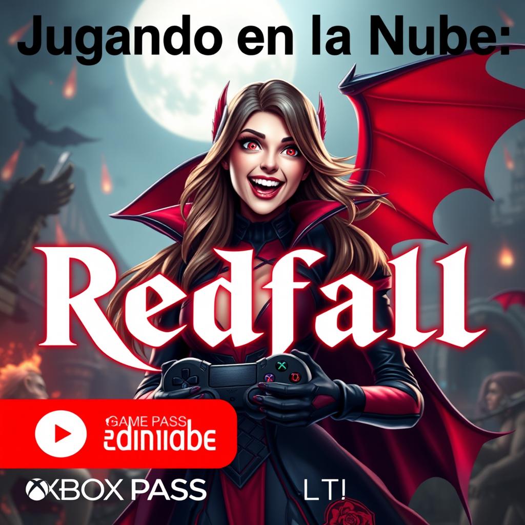 A vibrant and eye-catching YouTube thumbnail for a video titled "Jugando en la Nube: Redfall | Gameplay | Xbox Cloud Gaming 🎮🔥👾| Game Pass Ultimate"