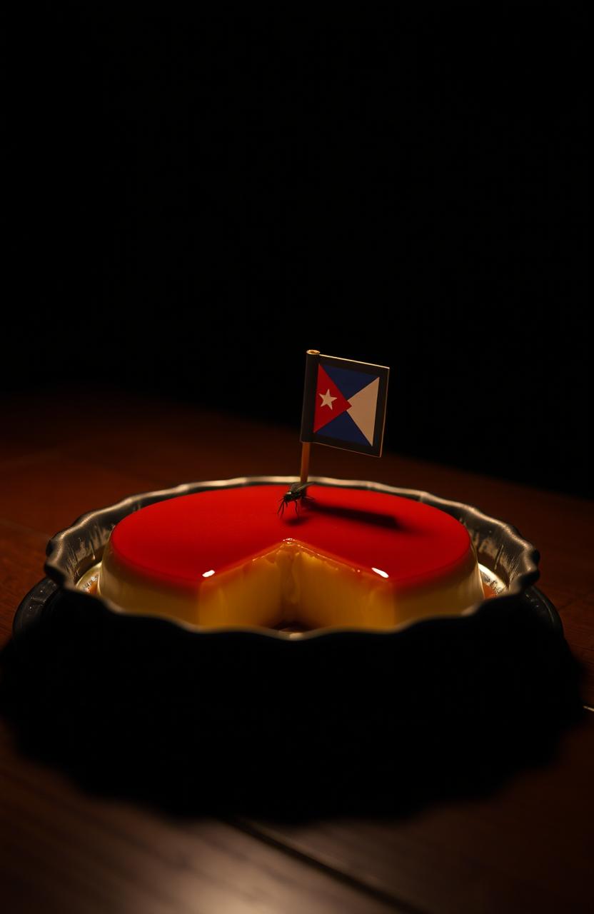 A beautifully crafted flan placed on a wooden table, illuminated by a soft, warm, dim light overhead