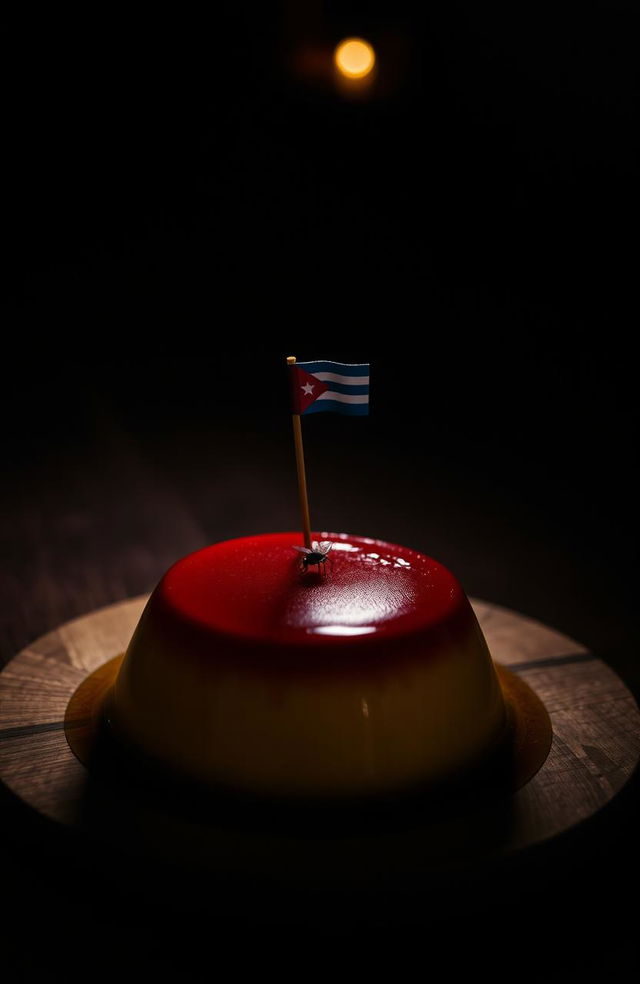 A beautifully crafted flan placed on a wooden table, illuminated by a soft, warm, dim light overhead