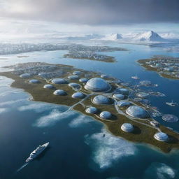 A futuristic depiction of Yamal Peninsula in the year 2050, portraying advancements in technology, infrastructure, and the impact of climate change