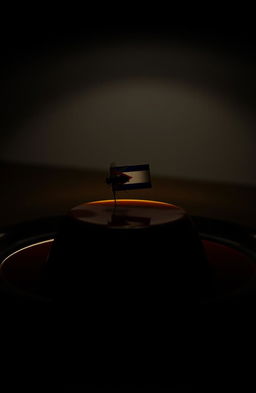 A vertical image of a flan placed on a table, illuminated by light overhead