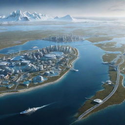 A futuristic depiction of Yamal Peninsula in the year 2050, portraying advancements in technology, infrastructure, and the impact of climate change