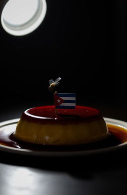 A vertical image of a flan placed on a table, illuminated by light overhead