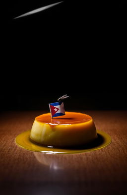 A vertical image of a flan placed on a table, illuminated by light overhead