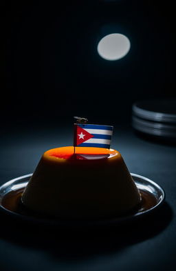 A vertical image of a flan placed on a table, illuminated by light overhead