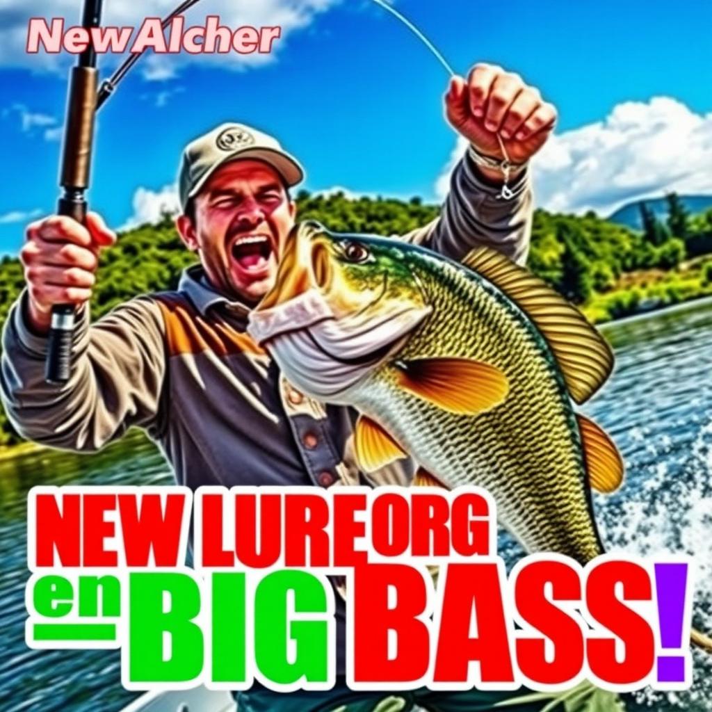 A dynamic scene depicting a fisherman in an excited pose, energetically holding a fishing rod with a large bass on the hook