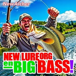 A dynamic scene depicting a fisherman in an excited pose, energetically holding a fishing rod with a large bass on the hook