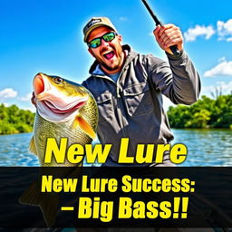 A dynamic scene depicting a fisherman in an excited pose, energetically holding a fishing rod with a large bass on the hook