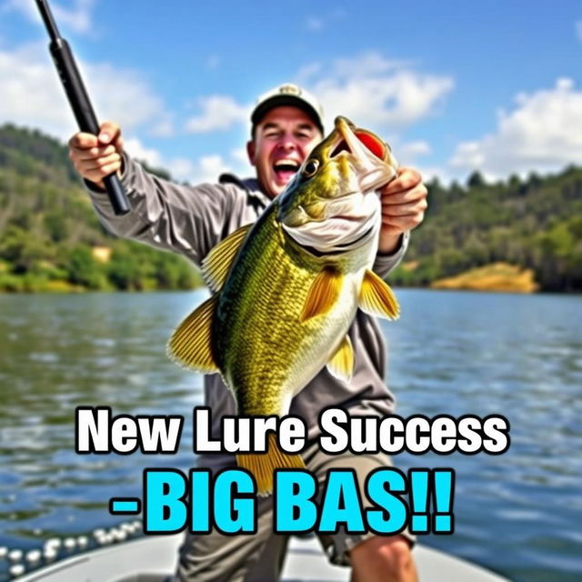 A dynamic scene depicting a fisherman in an excited pose, energetically holding a fishing rod with a large bass on the hook