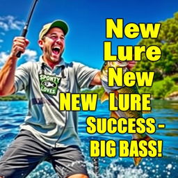 A dynamic scene depicting a fisherman in an excited pose, energetically holding a fishing rod with a large bass on the hook