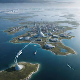 A futuristic depiction of Yamal Peninsula in the year 2050, portraying advancements in technology, infrastructure, and the impact of climate change