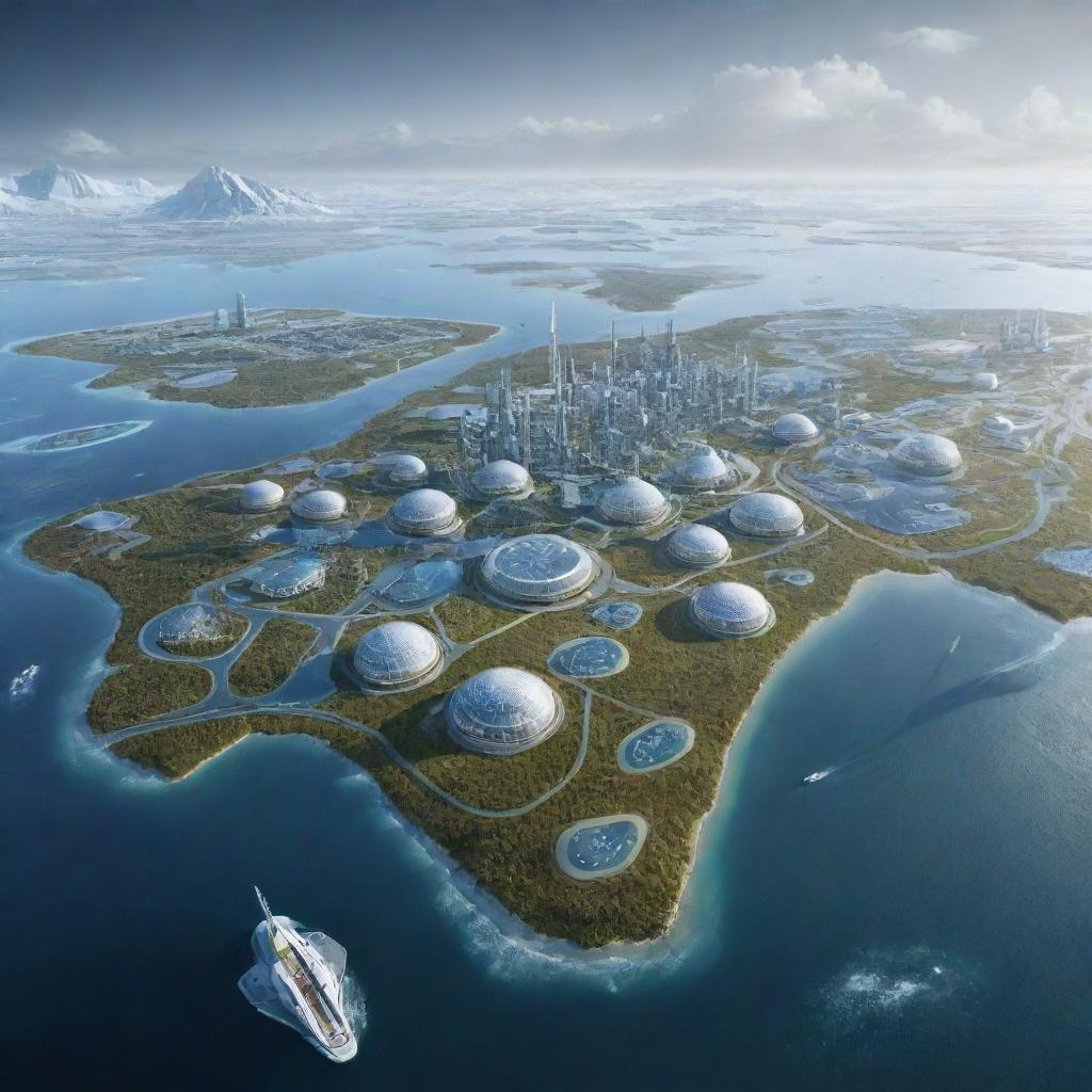 A futuristic depiction of Yamal Peninsula in the year 2050, portraying advancements in technology, infrastructure, and the impact of climate change