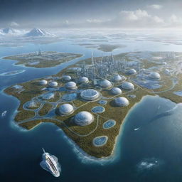 A futuristic depiction of Yamal Peninsula in the year 2050, portraying advancements in technology, infrastructure, and the impact of climate change