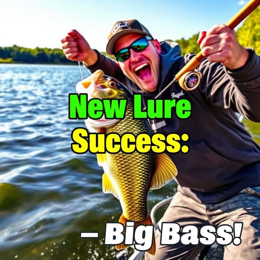 A dynamic scene featuring a fisherman with an exuberant expression, energetically holding a fishing rod with a large bass hooked on the line