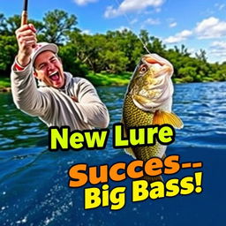 A dynamic scene featuring a fisherman with an exuberant expression, energetically holding a fishing rod with a large bass hooked on the line