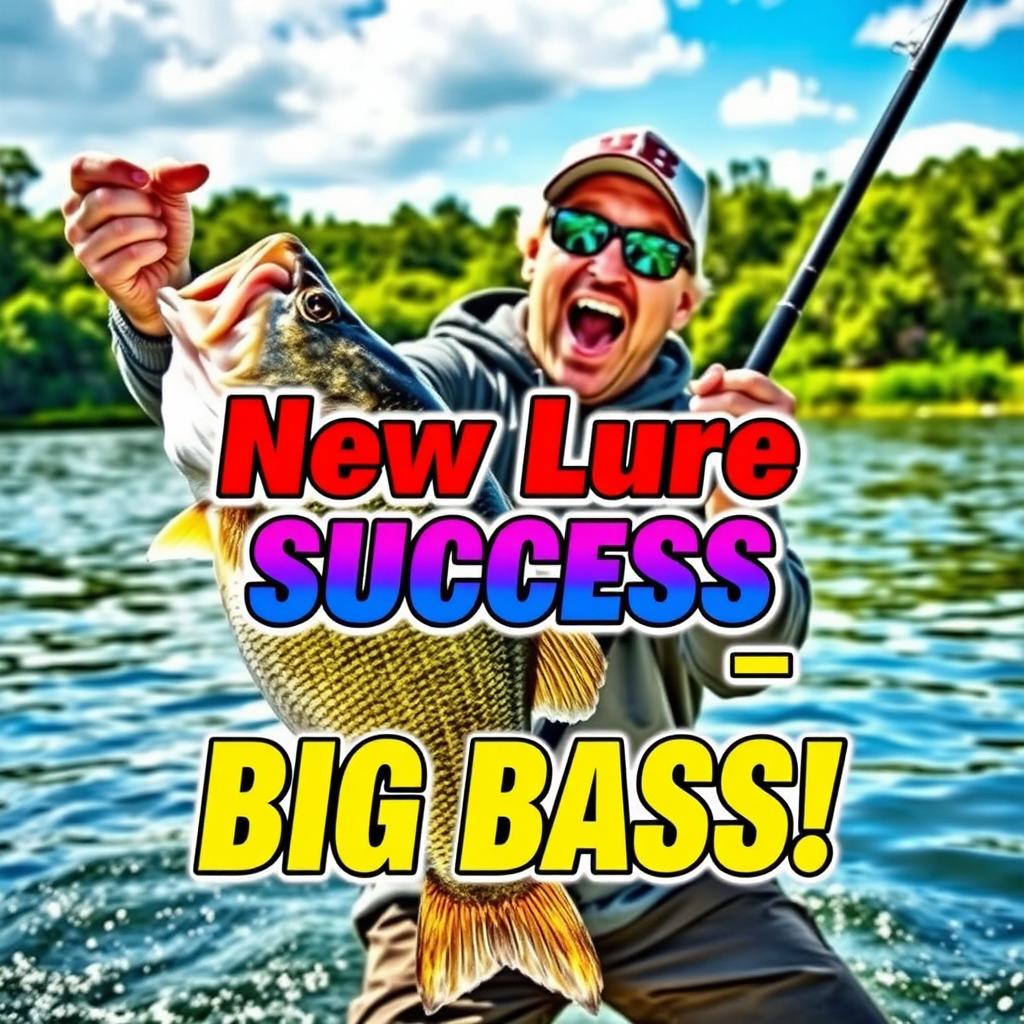 A dynamic scene featuring a fisherman with an exuberant expression, energetically holding a fishing rod with a large bass hooked on the line