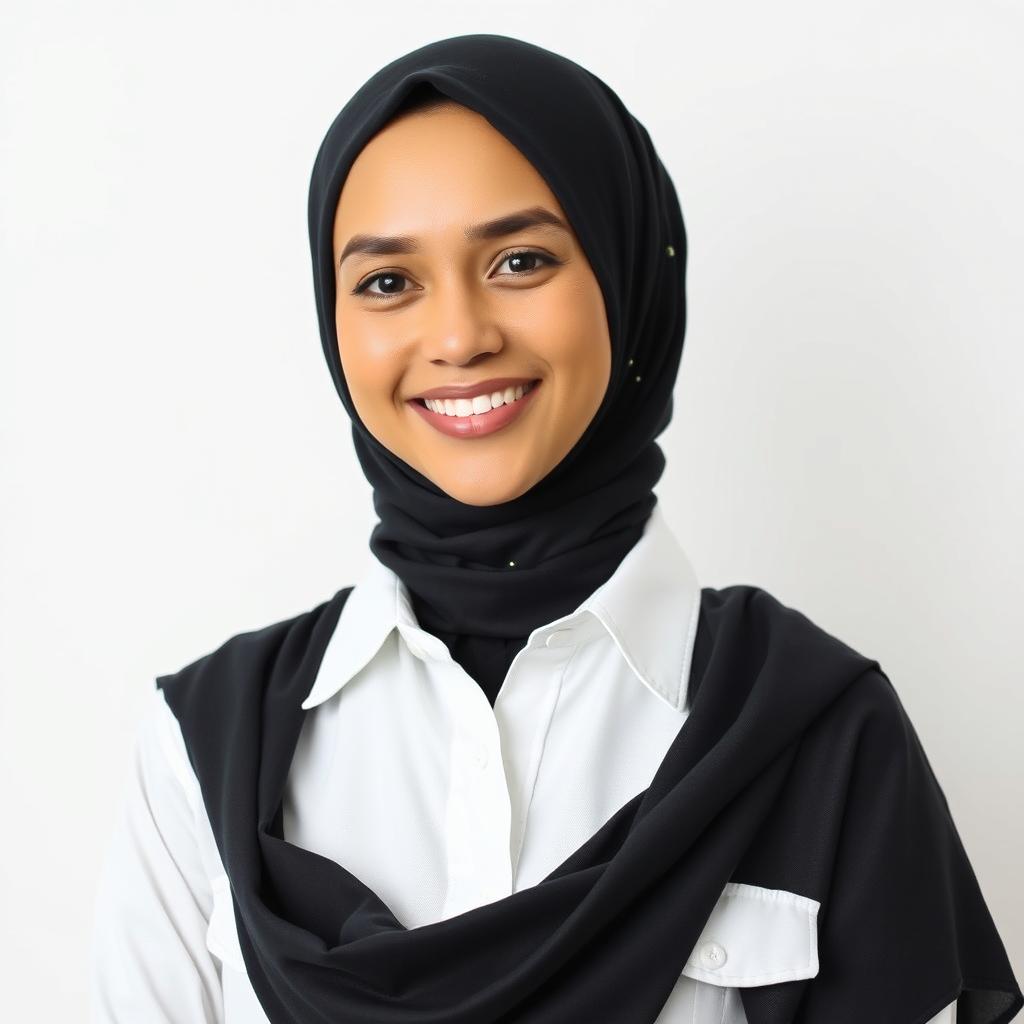 A portrait of a woman with a warm smile, wearing a black hijab with a few decorative elements, dressed in a crisp white shirt with pockets