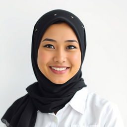 A portrait of a woman with a warm smile, wearing a black hijab with a few decorative elements, dressed in a crisp white shirt with pockets