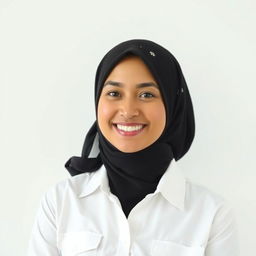 A portrait of a woman with a warm smile, wearing a black hijab with a few decorative elements, dressed in a crisp white shirt with pockets