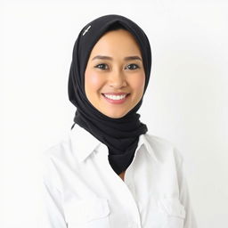 A portrait of a woman with a warm smile, wearing a black hijab with a few decorative elements, dressed in a crisp white shirt with pockets